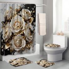 1pc/3pcs/4pcs Elegant Platinum Floral Multi-Function Bathroom Decor Shower Curtain Set, Free 12 Hooks Included, Luxury Holiday Vibe, Bathroom Mat, U-Shaped Mat And Round Toilet Mat, Suitable For All Scenarios - B - View 6