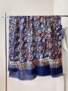 1条花卉几何印花亚麻围巾，轻盈时尚披肩，适合春夏穿着，也适合户外、海滩和休闲场合。 - 彩色 - 查看 3