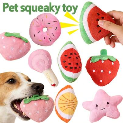 Set de 4 juguetes de peluche con chillido para mascotas, adecuados para perros y gatos pequeños - con forma de paleta, estrella, rosquilla y fresa - para juego interactivo y compañía para dormir, juguetes para masticar para perros, accesorios