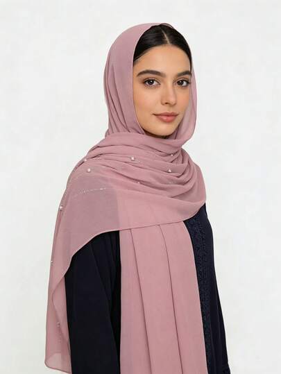 1条珍珠雪纺水钻珍珠围巾，清新女士头巾