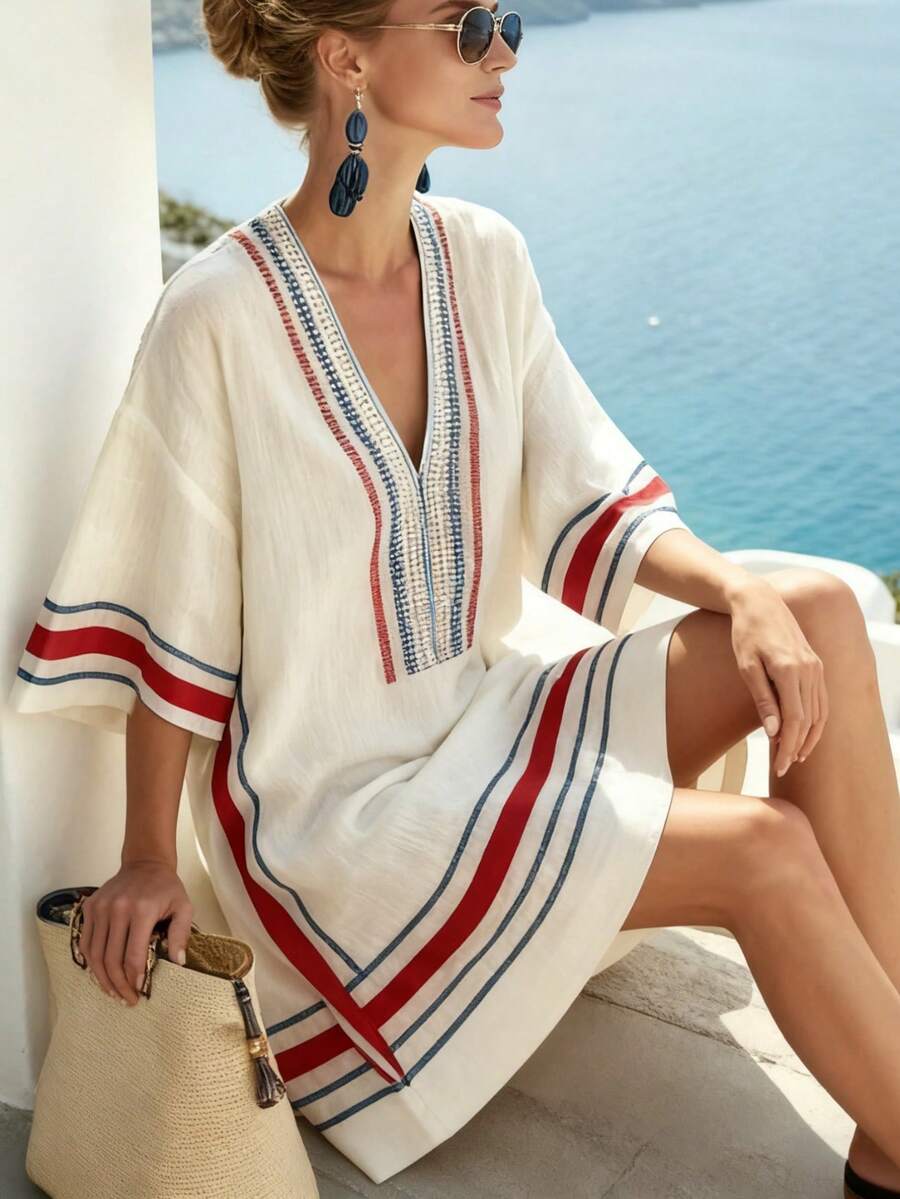 女士优雅舒适白色底条纹印花波西米亚风沙滩度假休闲V领七分袖直筒连衣裙，春夏款 - 白色 - 查看 1