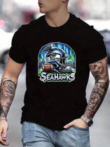 Men's SeattleSeahawks Fan Graphic Tee ,Seahawks Football T-Shirt, Cool Popular,  Fashion, Gift For Football Fan, Men'S And Women's Graphic T-Shirt,Casual Sport Attire - Machine Washable, Seahawks Gift For Men - 黑色4 - 查看 1