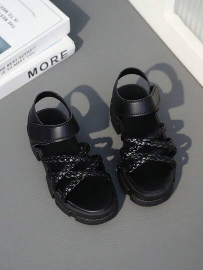 Black Toddler/Little Girls' Thick Sole Sandals, Solid Color Leather Criss-Cross Straps, Classic Hollow-Out Soft Insole Comfortable Minimalist Design Round Toe Platform Non-Slip Outsole, Fashionable Lightweight Cute Roman Beach Sandals Suitable For 3-15 Years Old Girls, Spring/Summer New Arrival