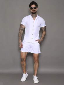 Men's Tracksuit Set: Shirt With Button-Down Shirt And Shorts With Pockets. - White - View 4