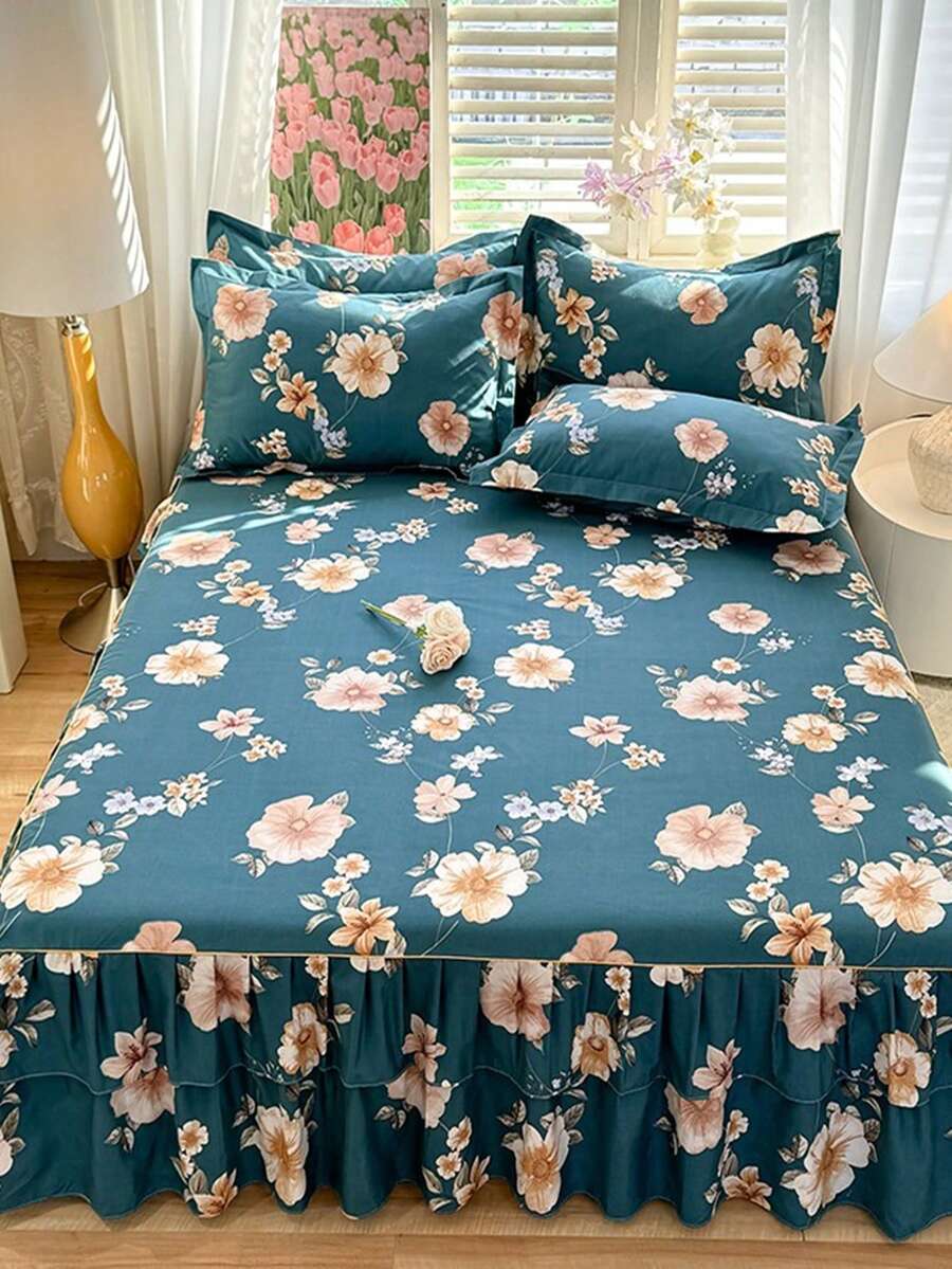 1pc Active Print Bed Skirt, Colorfast, Non-Pilling, Skin-Friendly, Soft, Double Ruffle Design, Suitable For Home Bedroom, Student Dorm, Outdoor Travel - Multicolor - View 1