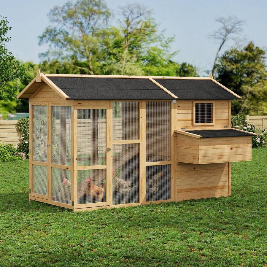 Casa para Gallinas con Corral - Gallinero Grande de Madera con Techo Impermeable, Ideal para 4-6 Pollos, Incluye Nido y Rampa - Color de la madera - Ver 1