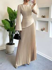 女士纯色两件套，翻边不对称下摆长袖套装，款式简约大方，家居两件套，优雅长袖女装，尽显女性优雅气质。 - 卡其色 - 查看 9