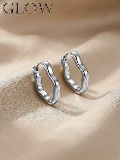 1 Pair Silver Metal French Chic Luxurious Minimalist Asymmetrical Geometric Hoop Earrings, Suitable For Teenage Girls Everyday And Holiday Wear