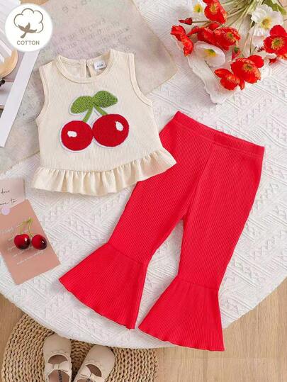 Nuevo conjunto casual de uso diario de 2 piezas para niñas bebé, con parte superior sin mangas con textura de gofre y bordado de frutas, emparejado con pantalones rectos de color liso
