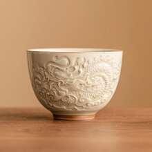 高档陶瓷茶杯，釉面紧致，浮雕吉祥龙纹，中国功夫茶杯，盖碗 - 彩色 - 查看 1