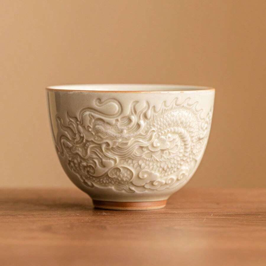 高档陶瓷茶杯，釉面紧致，浮雕吉祥龙纹，中国功夫茶杯，盖碗 - 彩色 - 查看 1