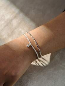 2pcs/Set Elegant Silver Tone Minimalist Shiny Round Pendant Bracelet Set For Women (Bead Quantity Random) - Silver - View 7