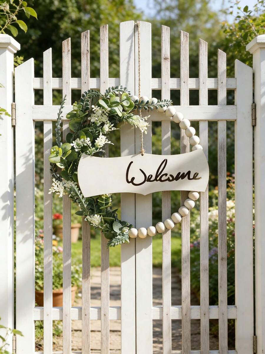 1pc Wooden Bead Wreath, Artificial Green Plant Flower Entrance Hanging Decor, Boho Style Wall Art, Suitable For Entryway, Living Room, Home Decor, Party And Daily Use - Multicolor - View 1