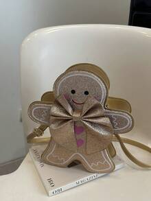 1个女童蝴蝶结亮片拉链可爱斜挎包，适合春季日常使用 - 金色 - 查看 4