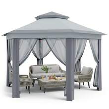 Color gris Pabellón Hexagonal de Acero de 2x2x2 m, para Jardín y Exteriores - Gris - Ver 2