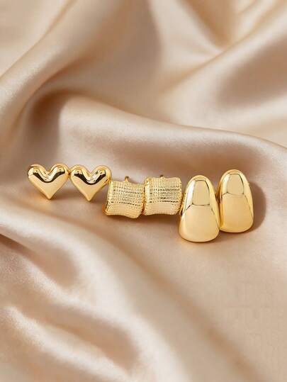 3 pares de pendientes geométricos con diseños de corazón y gota de agua, en estilo minimalista europeo y americano. Accesorios de moda adecuados para el uso diario y vacacional de las mujeres