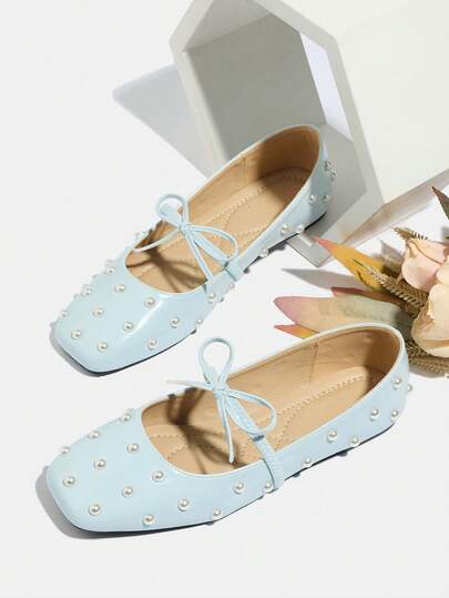 Plus Size Women's Mary Jane Shoes, Spring/Autumn 2026 New Arrival, Light Blue Square Toe Faux Pearl Decor Bow Tie Strap Casual Flats, Versatile Outdoor/Walking Comfortable Ballet Flats
