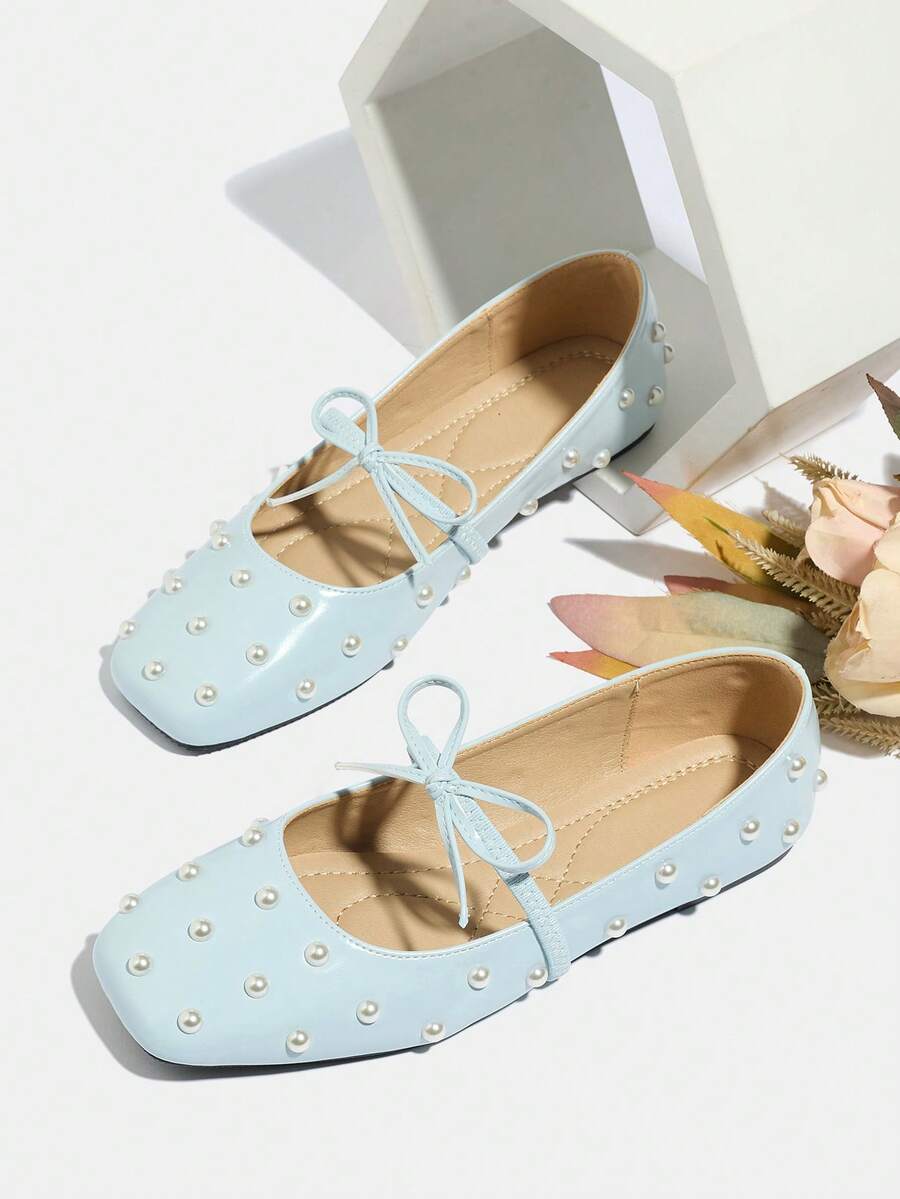 Plus Size Women's Mary Jane Shoes, Spring/Autumn 2026 New Arrival, Light Blue Square Toe Faux Pearl Decor Bow Tie Strap Casual Flats, Versatile Outdoor/Walking Comfortable Ballet Flats - Light Blue - View 1