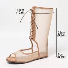 Apricot Transparent Net Splicing Lace-Up Peep Toe Flat Round Toe Women's Casual Sandals, Street Style, Holiday, Daily Commute, Spring/Summer Fashion - Apricot - View 8