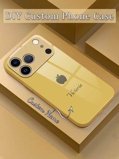 1pc Customized Name, Minimalist Gold Apple Design Tempered Glass + TPU Soft Full Edge Phone Case Compatible With Samsung S24 Ultra/S25 Ultra And Apple 17 Pro Max/16 Pro Max/15 Pro/14 Plus/13 Pro/12 Pro Max/11/Xs Max/8/7/6 Plus, Suitable As Birthday Gift, For Girlfriend/Boyfriend Or Personal Use