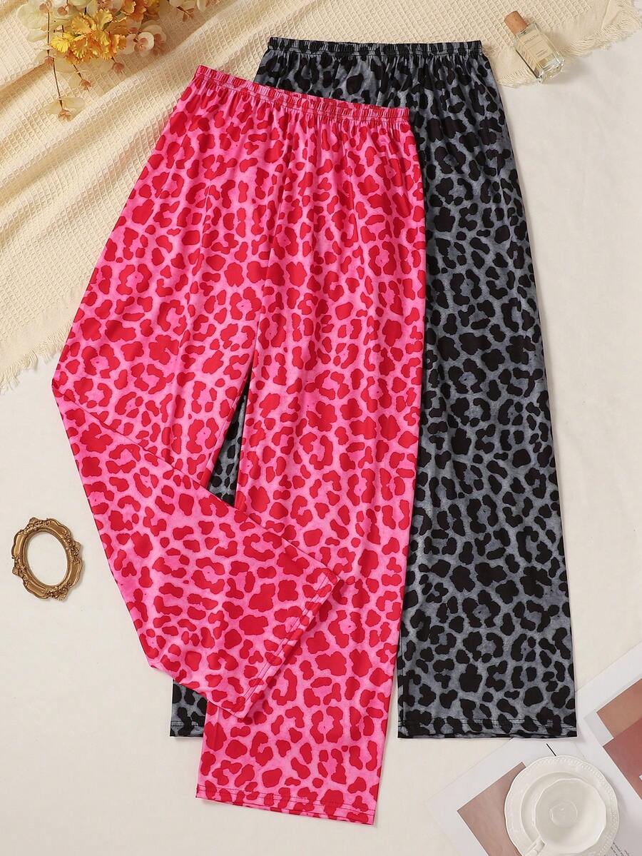 Y2K复古版美式街头风豹纹睡衣套装，舒适透气宽松睡裤，女士款 - 彩色 - 查看 1