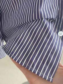 女士条纹长袖单排扣休闲/工作衬衫 - 藍色 - 查看 3