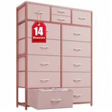 Tall Dresser, Dresser For Bedroom With 10 Large Drawers And 4 Small Drawers , Tall Bedroom Dresser For Bedroom, Large Fabric Dresser With Wood Top And Metal Frame, Mother's Day Decor, Room Decor, Home Decor, Festival Decor, Pink - 粉色 - 查看 6