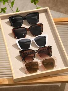 5pcs Women Plastic Large Cat Eye Fashion Glasses For Daily School Beach Travel Party Clothing Accessories - 5pcs 黑白豹紋白豆花茶 - 查看 1