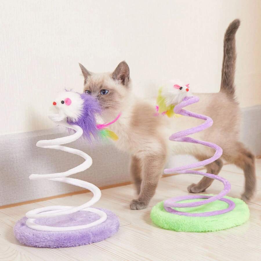 Juguete de resorte ecológico para mascotas, juguete de plumas para gatos, juguetes de sisal natural para rascar - Ratón espiral colorido - Ver 1