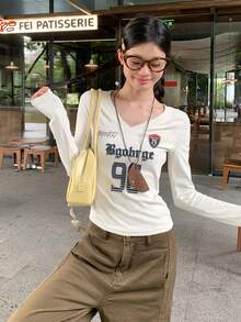 V-Neck American Letter Print Long Sleeve T-Shirt For Women, Spring Fitted Sexy Unique Design Top Casual - White - View 5