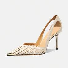 Women's Pointed Toe Glamorous Fashion Mesh Breathable Sexy Party Wedding Versatile Rhinestone Pumps - Apricot - View 1