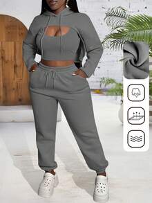 CALEBGAR Plus Size Women's Three-Piece Fleece-Lined Tracksuit, Includes Hoodie, Vest, And Long Track Pants |   Autumn/Winter Loose-Fit Casual Tracksuit |   Streetwear Sporty Style - Màu xám đen - Xem 2