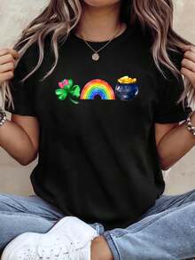 Rainbow Pot Of Gold Shamrock St Patricks Day Men Women T-Shirt, Summer Tops - 黑色 - 查看 6