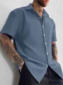 GloMan 老錢風男士紋理素色羅紋針織短袖翻領襯衫，夏季度假休閒辦公穿搭，送給爸爸或丈夫的禮物 - 霧霾藍 - 查看 3