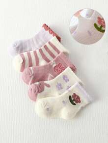 5双儿童春秋季袜子，可爱兔子图案，荷叶边装饰，适合婚礼季和生日派对穿着 - 彩色 - 查看 7