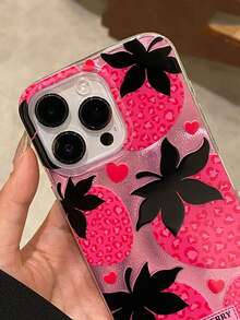 1个可爱豹纹草莓爱心图案防震全包手机壳，兼容 17 Pro、16 Pro Max、15 Plus/14 Pro、13/12/11，时尚高端 - 粉色 - 查看 4