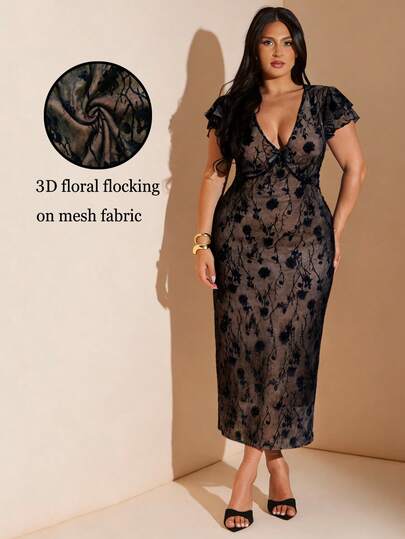 大码女士优雅花卉网纱扎染植绒印花修身V领长款连衣裙，修身长款设计，修饰手臂线条，适合日常穿着、外出、约会、下午茶、度假、春夏、返校季，优雅正式，适合女士生日、秋季、返校、情人节等场合。