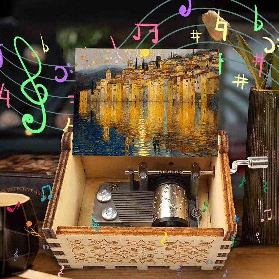 Mini Wooden Mechanical Music Box - Hand Cranked Musical Ornament With Van Gogh Landscape Art, Plays 'You Are My Sunshine'Mini Wooden Mechanical Music Box - Hand Cranked Musical Ornament With Van Gogh Landscape Art, Plays 'You Are My Sunshine - Multicolor - View 1