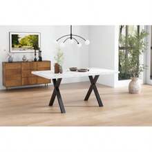 Dining Table, Cross Leg Design, Rectangular Dining Table, Coffee Table, Modern And Simple Wrought Iron Dining Table, L140*W80*H76cm, Marble Structure, Black And White [Old SKU: N634p243975w]