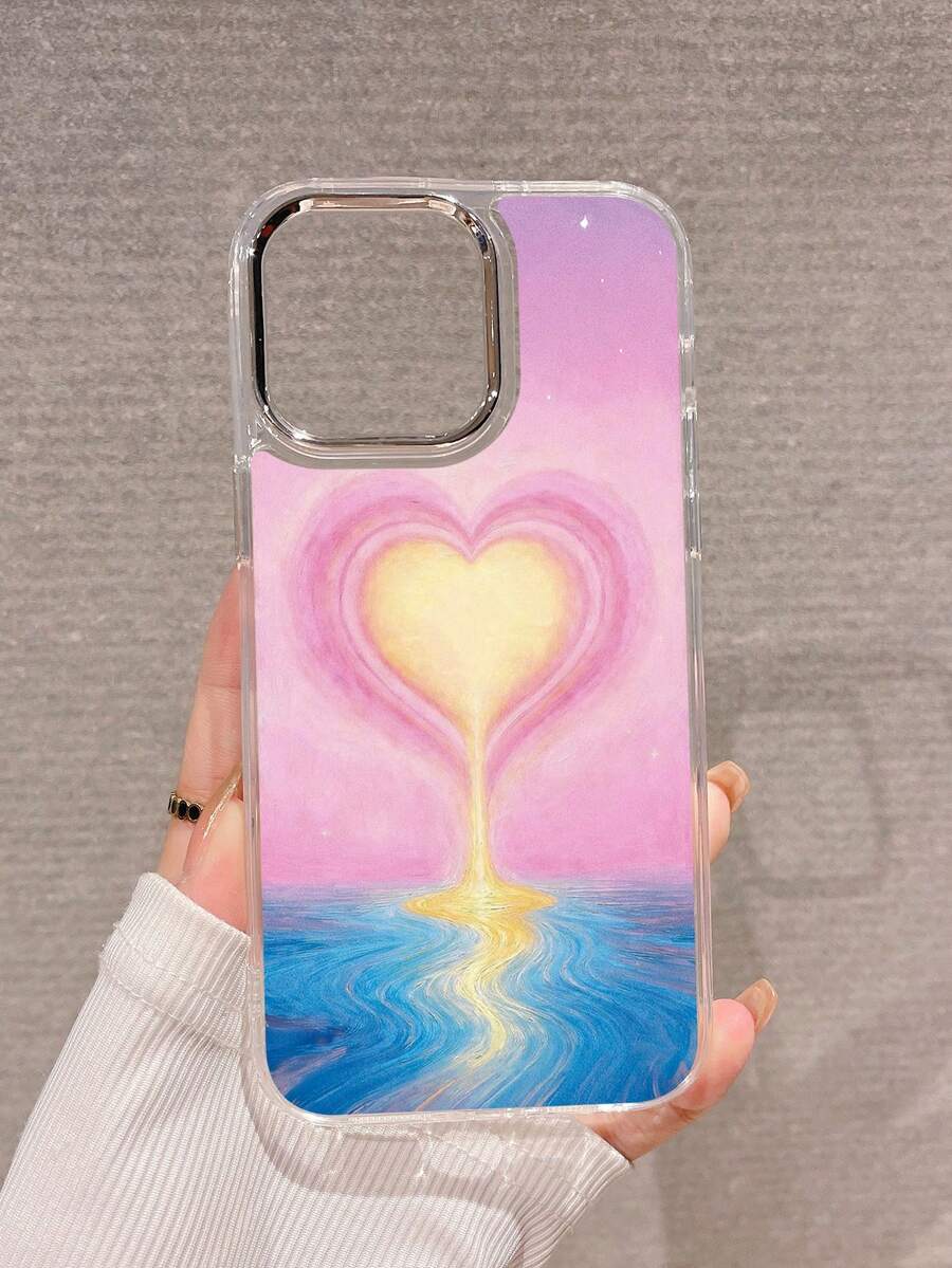 梦幻彩绘爱心倒影渐变透明TPU手机壳，浪漫少女风，适合日常使用、情人节、情侣装、日常穿搭、生日礼物，兼容 17/17 Pro/14/16/17 Pro Max/15 - 無色 - 查看 1