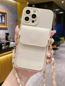Wallet 1pc Fashion Long Chain Card Holder + Minimalist Beige Eye Design Anti-Drop TPU Phone Case, Shoulder Strap Compatible With IPhone17/17pro/17Air/17promax, OPPO, Vivo, Redmi, Series - Beige - View 4