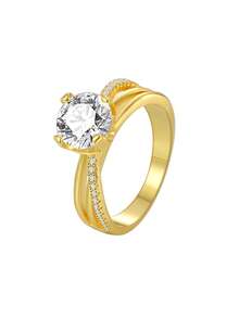 Women's Gold-Plated Cubic Zirconia Ring, Minimalist Round Center Stone Double-Layer Twisted Band, Versatile & Elegant For Daily Wear, Commute Or Casual, Great Birthday Gift For Fashionista - Gold - View 6