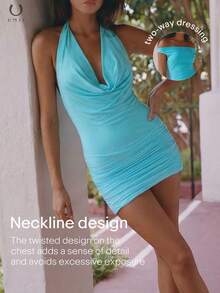 UMII Women's Summer Peacock Blue Off Shoulder Ruched Bodycon Mini Dress, Convertible Spaghetti Strap Fitted Party Dress - Blue - View 7