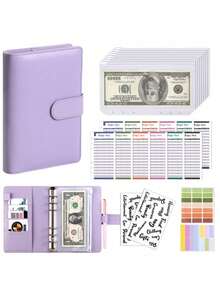 A6 PU Leather Notebook Budget Loose-Leaf Planner Cash Organizer, Purple - A6 - View 3