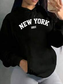 Sudadera para Mujer - Estampada con Capucha Fashion, Equipada con Bolsillo Canguro, Estilo Casual Deportivo Urbano, Versátil para Todas las Temporadas, Envío Local en México - Negro - Ver 8