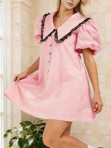 Women's Baby Doll Mini Dress Summer Floral Print Loose Bubble Short Sleeve Collared Dress - Hồng - Xem 5