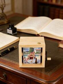 Customized 3D Rotating Photo Frame, Wooden Flip Picture Frame Holds 8/16 Photos, Decorative Gift For Anniversary, Birthday, Couples, Family, Unique And Interesting Present (Light Brown), Suitable For Valentine's Day, Christmas, Easter, Mother's Day, Father's Day, St. Patrick's Day, Independence Day, Bastille Day, Thanksgiving, Halloween, Friends, Family, Couples, Boyfriend, Girlfriend, Birthday, Desktop Decor, Commemorative Handcrafted Item - Multicolor - View 2