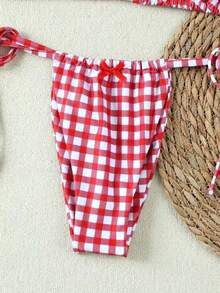 New Red & White Plaid Halter Tie Sexy Bikini Swimsuit Set, Beach Holiday Party Wear, Spring/Summer - Multicolor - View 5