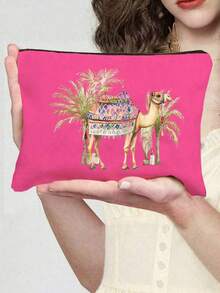 Camels & Coconut Trees Print Makeup Bag, Reusable Cosmetic Pouch With Camels Design, Toiletry Organizer Bag, Zippered Cosmetic Bag, Lightweight Coin Purse, Storage Bag - Multicolor - View 14