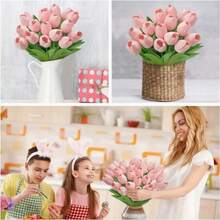 20Pcs Elegant Pink Artificial Tulips. Realistic Preserved Flowers With Vibrant Green Leaves. Suitable For Home, Room, Wedding, Garden Decoration, Birthday, Valentine's Day Gifts, Photography Props, Etc., Making Them Perfect Gifts And Decorations. - 粉色 - 查看 4